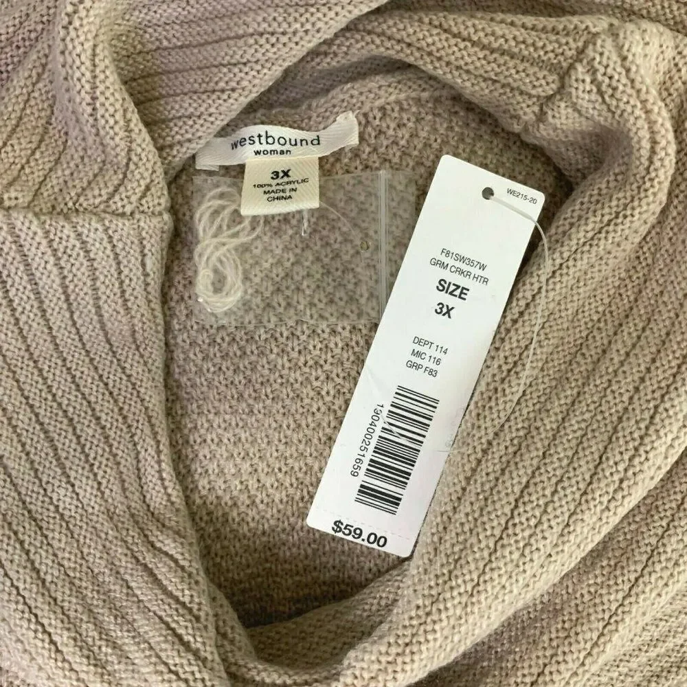 Westbound Cowl Neck Sweater 3X Tan Graham Cracker